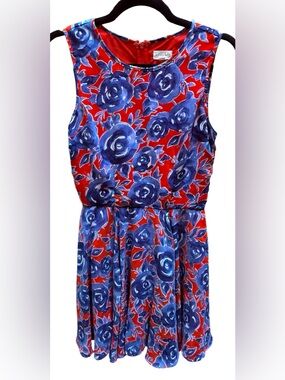 Maison Jules Floral Dress Small Red Blue Fit & Flare Sleeveless Lined Back Zip